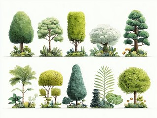 Watercolor style, Collection of decorative flat shrubs and panoramic view of garden shrubs and small trees
