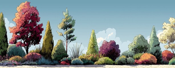 Watercolor style, Collection of decorative flat shrubs and panoramic view of garden shrubs and small trees