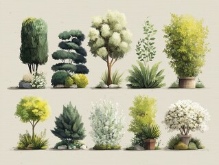 Watercolor style, Collection of decorative flat shrubs and panoramic view of garden shrubs and small trees
