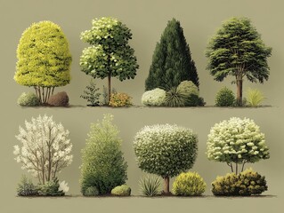 Watercolor style, Collection of decorative flat shrubs and panoramic view of garden shrubs and small trees