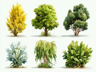 Watercolor style, Collection of decorative flat shrubs and panoramic view of garden shrubs and small trees