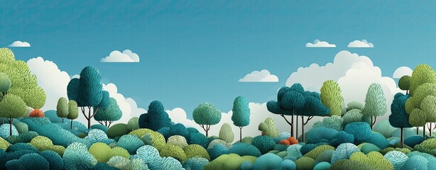 Watercolor style, Collection of decorative flat shrubs and panoramic view of garden shrubs and small trees