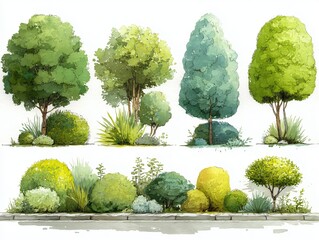 Watercolor style, Collection of decorative flat shrubs and panoramic view of garden shrubs and small trees