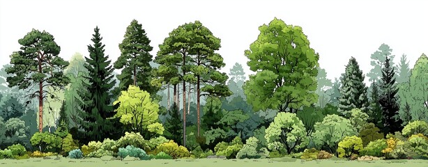 Watercolor style, Collection of decorative flat shrubs and panoramic view of garden shrubs and small trees