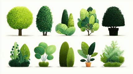 Watercolor style, Collection of decorative flat shrubs and panoramic view of garden shrubs and small trees
