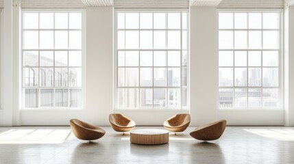 Four chairs circle a table in a light-filled room with city views for meetings