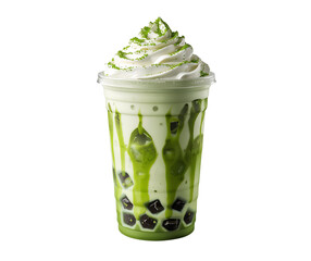Refreshing Matcha Latte with Whipped Cream and Tapioca Pearls isolated on black background