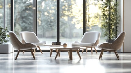 Modern meeting chairs in a bright, spacious room with a view