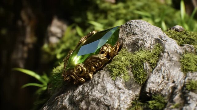 Emerald jewel ornament resting on mossy rock surface with sunlight