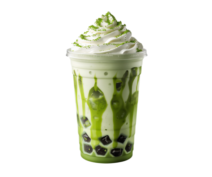Refreshing Matcha Latte with Whipped Cream and Tapioca Pearls isolated on black background