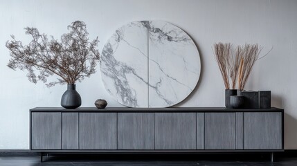 Modern living room cabinet with marble top and dried flowers. Possible use Stock photo for interior design