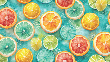 Seamless pattern of bright yellow lemon slices hand-painted watercolor style background 