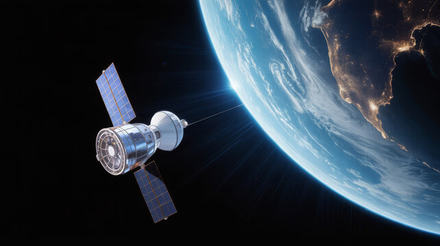Spacecraft with solar panels near planet earth satellite - Powered by Adobe