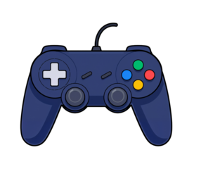 Illustration of a blue video game controller with colorful buttons and a classic design suitable