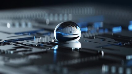 A single droplet of pure water glides across a metallic microchip, following invisible electric pulses. The camera tracks it from the side, revealing its reflection and distortion of circuitry beneath