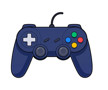 Illustration of a blue video game controller with colorful buttons and a classic design suitable