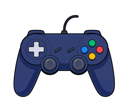 Illustration of a blue video game controller with colorful buttons and a classic design suitable