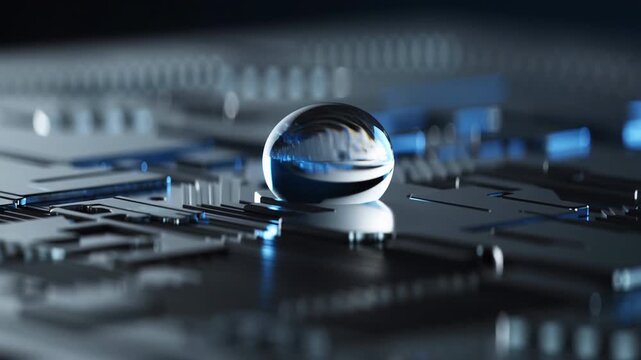A single droplet of pure water glides across a metallic microchip, following invisible electric pulses. The camera tracks it from the side, revealing its reflection and distortion of circuitry beneath