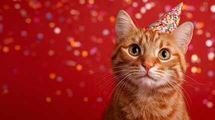 Adorable orange tabby cat wearing a party hat on red background
