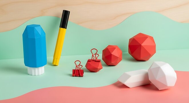 Minimalist Composition of Geometric Shapes and Office Supplies.
