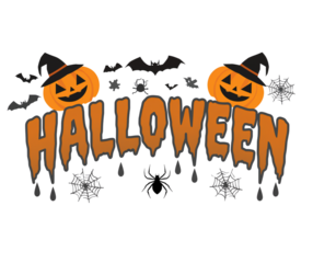 Festive Halloween illustration with pumpkins bats spiders and dripping text for celebration mood