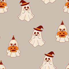Laughing white ghosts in pumpkin hats. Funny Halloween wallpaper. Traditional holiday symbols on a gray background.