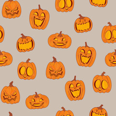 Cartoon funny orange pumpkins with laughing faces on gray wallpaper. Festive Halloween folk pattern. Traditional festival elements and symbols.