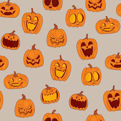 Laughing pumpkins with smiles on their faces pattern. Funny Halloween wallpaper. Orange holiday vegetables print on a gray background.