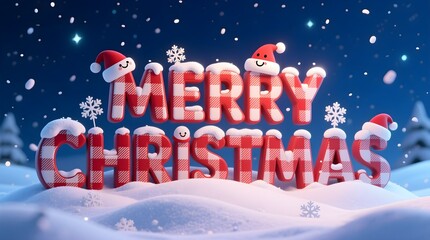 Festive merry christmas text with snow and santa hats in a winter wonderland scene