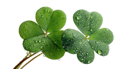 Two vibrant, close-up, green shamrocks with water droplets against a dark background
