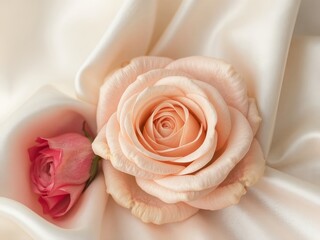 An elegant peach colored rose with intricate petals is led against a soft, creamy satin fabric with a smaller pink rose bud completing the romantic scene.