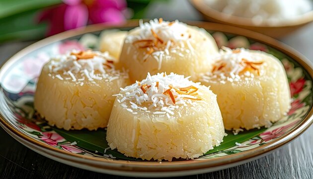 Chinese Sachima Sweet Flour Blocks Topped With Shredded Coconut And Fried Crispy Coconut Flakes Served On A Decorative Plate With Floral Design In Daylight
