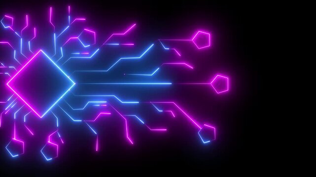 Neon glowing Digital technology concept. Circuit Lines Grow on Interactive Screen and Activates Artificial Intelligence human Brine concept. futuristic