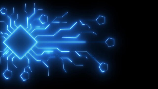 Neon glowing Digital technology concept. Circuit Lines Grow on Interactive Screen and Activates Artificial Intelligence human Brine concept. futuristic