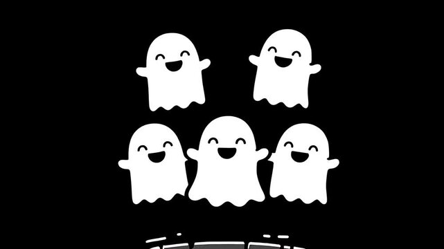 A group of six playful white ghosts appear from a dark hole