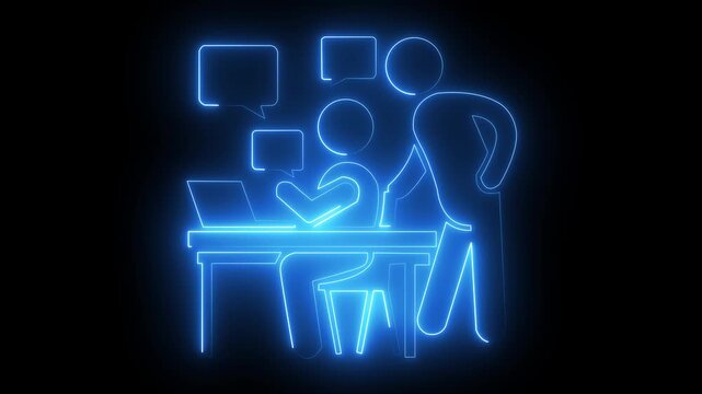 hree neon people sitting at a table with a speech bubble and Text icon with black background..