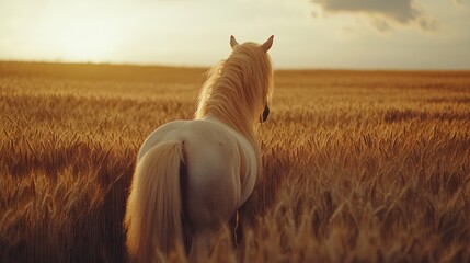 White horse walking in golden wheat field at sunset. Nature stock photo