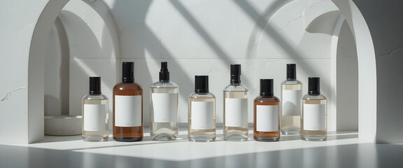Elegant perfume bottles line up with clean minimalist labels and soft shadow play, perfect for modern beauty branding.