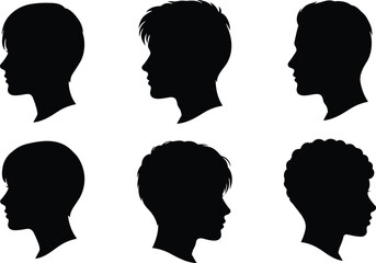 Set of diverse male and female head silhouettes in profile view, black vector illustration showing hairstyles and facial outlines design