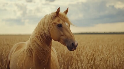 Tan horse stands in a wheat field under clouds. Possible stock photo for nature