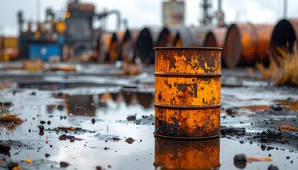 Rusty barrel in an industrial setting, reflecting in puddles. Old, metal drums dot the blurred background. Overcast weather is prevalent