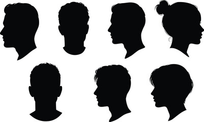 Human head silhouette collection, male and female profile and front view vector design, modern hairstyle people portrait illustration