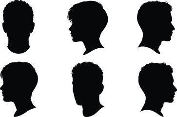 Silhouette profiles of men and women heads, black vector face outlines and hairstyles, front and side view illustration art