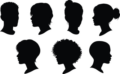 Silhouette profile collection of diverse men and women heads, black vector faces and hairstyles, side view people illustration art