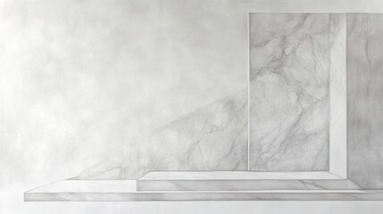 Marble podium in white studio with stairs, wall background for product presentation