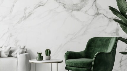 Interior view of a green chair and plants with a white marble wall background