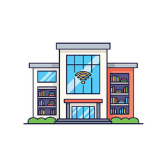 Modern library building with bookshelves and a wifi symbol.