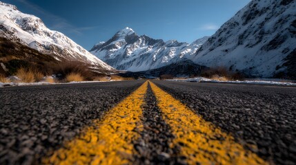 A straight asphalt road leads through snow-capped mountains under a clear sky.