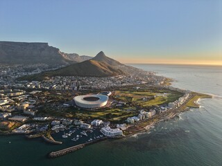 Coast of Cape Town looking toward Lions Head, Signal Hill, Green Point Stadium and Table Mountain