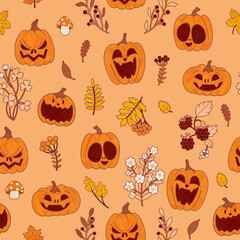 A sweet folk Halloween seamless wallpaper. Orange laughing pumpkins, yellow leaves, orange foliage, and flowers pattern. Orange seasonal botanical floral festival print.